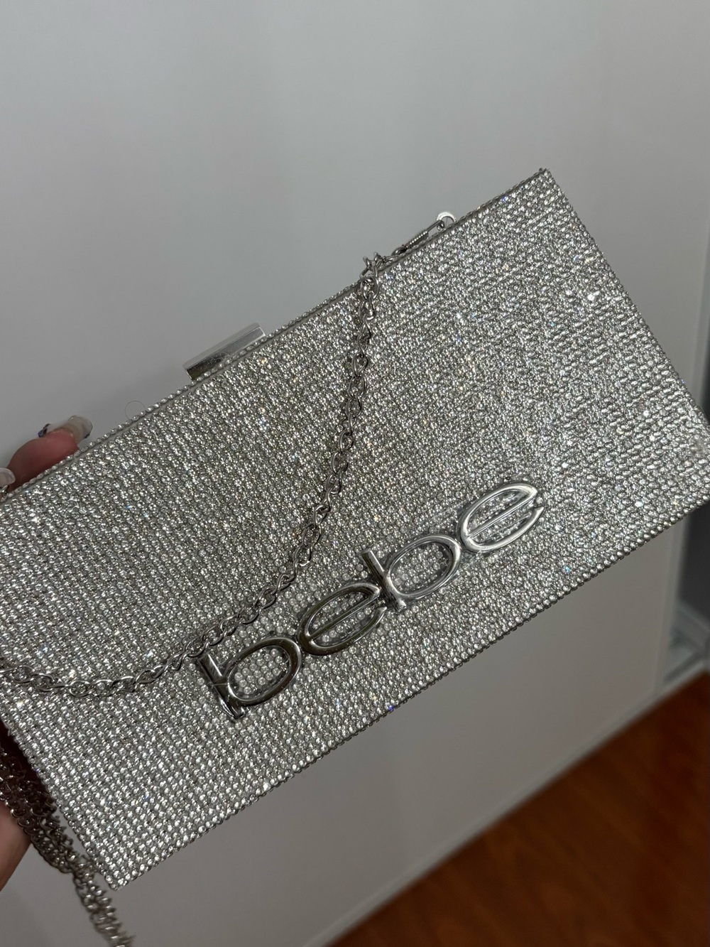 BEBE Silver Crystal Logo Evening Clutch - Picture 6 of 9